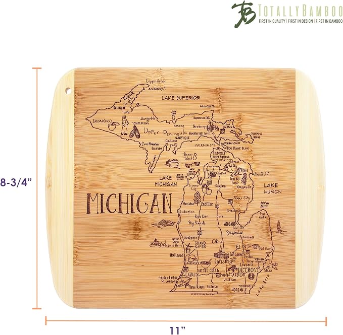 Totally Bamboo A Slice of Life Michigan Engraved Map Cutting Board | 11” x 8.75” charcuterie board with engraved state map artwork. Smooth reverse side for food prep. Hang tie for wall display.