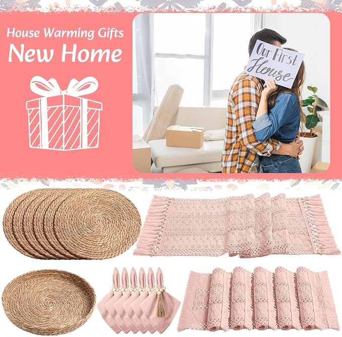 6 Sets Boho Decoration Placemats Round Woven Placemats, Cloth Napkins, Wood Bead Napkin Rings, Long Table Runner and Farmhouse Burlap Cotton for Table Kitchen (Pink,12x72)