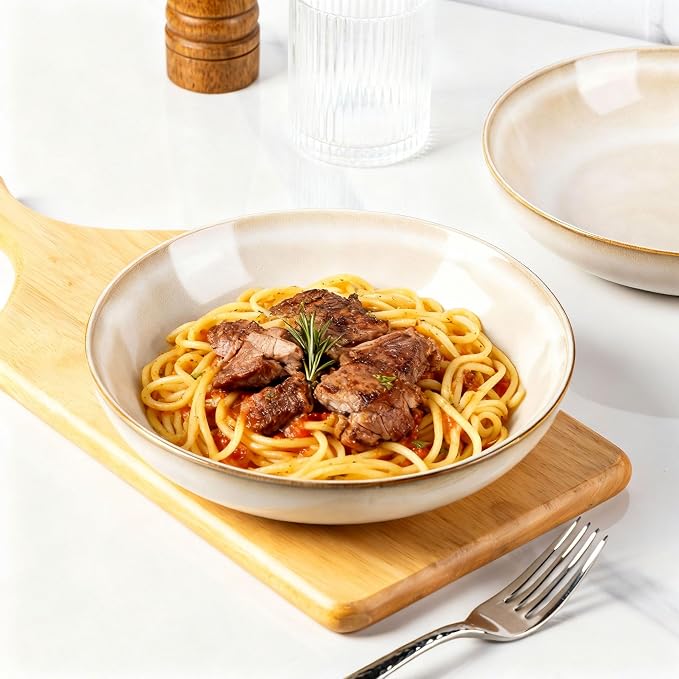 AmorArc 8.5’’ Ceramic Pasta Bowls Set of 6, 36oz Large Stoneware Bowls Set | Large Dinner Serving Bowls Set, Wide Bowl Plate for Pasta,Salad, Soup, Microwave Safe, Reactive Glaze-Cappuccino