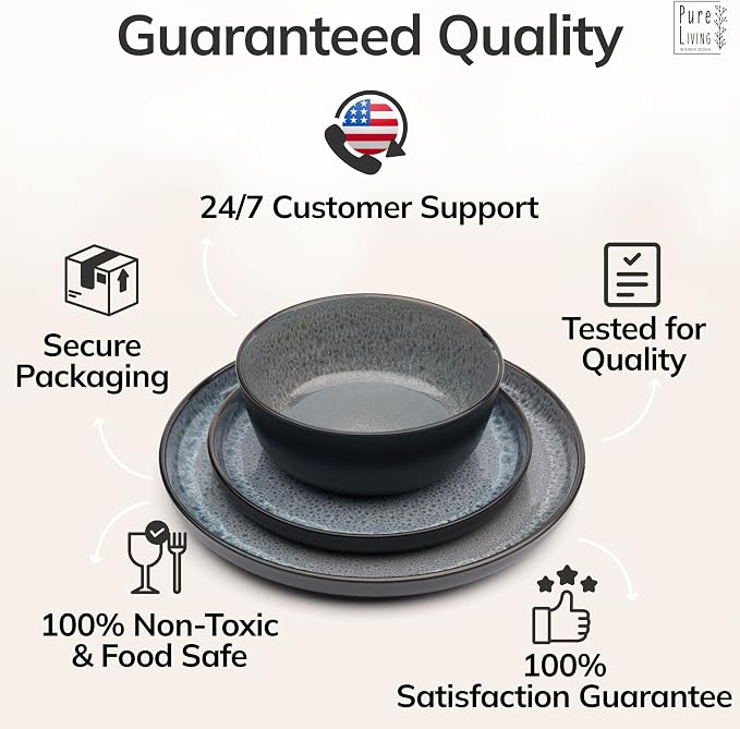 24 Piece Stoneware Dinnerware Set for 8 - Handmade Reactive Glaze Plates and Bowls Set - Lead & Cadmium Free - Chip & Scratch Resistant - Dishwasher Microwave Safe - Dark Gray