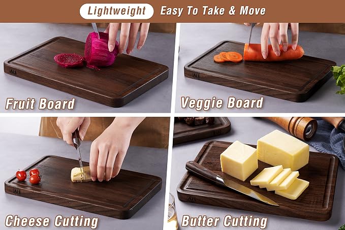 Walnut Wood Cutting Board for Kitchen 12x8 in Wooden Chopping Board | Walnut Cut Board with Juice Groove,Handles,Non-slip Mats,Thick Reversible Butcher Block,Cheese Charcuterie Board