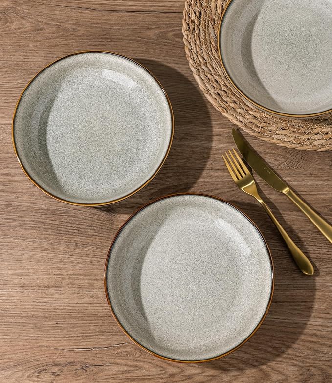 AmorArc 8.5’’ Ceramic Pasta Bowls Set of 6, 36oz Large Stoneware Bowls Set | Large Dinner Serving Bowls Set, Wide Bowl Plate for Pasta,Salad, Soup, Microwave Safe, Reactive Glaze-Green Wheat