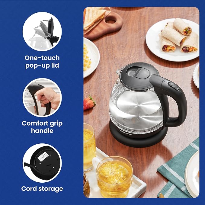 Elite Gourmet EKT1001 1.0L Glass Kettle, 1100W, Cordless Base, Black | BPA-Free Glass, Blue LED Interior, 360° Base, Auto Shut-Off Function, Quickly Boil Water for Tea & More