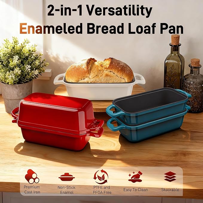 Enameled Cast Iron Sourdough Bread Dutch Oven, 8.5x4.5 Inch Loaf Cast Iron Bread Pan for Homemade Bread Baking, Sourdough Baking Pans, Meatloaf Pan with Lid, 2 Piece set, Emerald
