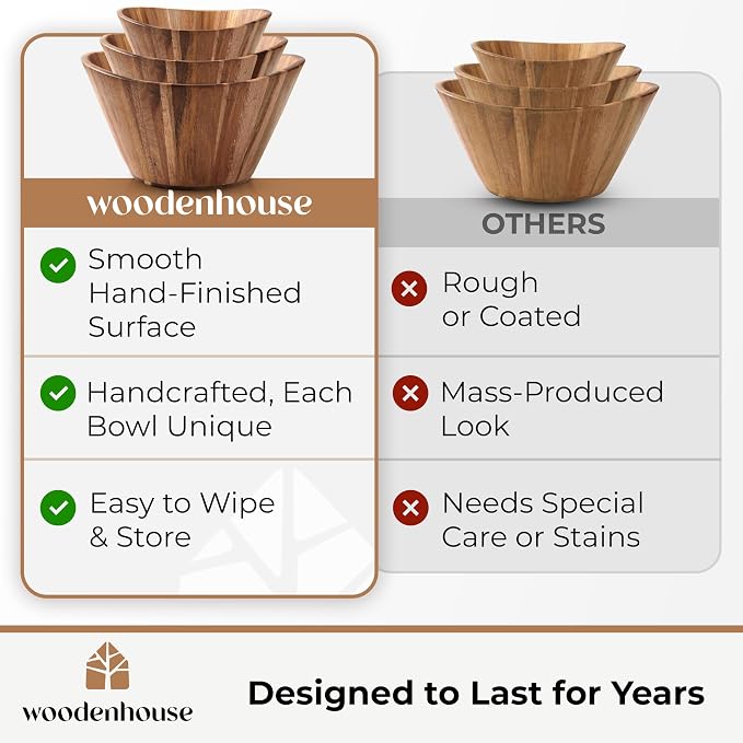 Wooden Salad Bowl Set of 3, Wavy Wood Bowls for Serving | Large, Medium & Small – Handmade, Durable & Stylish Natural Dining Accessory