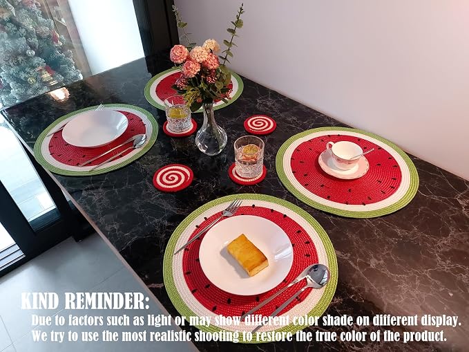 Zupro Round Watermelon Placemats Set of 4 Braided 15" Indoor Outdoor Usage | Embroidery Motif Heat Resistant Non-Slip Washable,for Kitchen Dining Tables Dinner Parties holiday and Everyday Use
