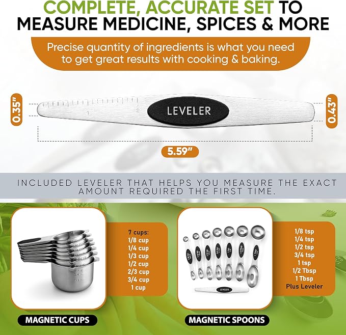 Spring Chef Magnetic Measuring Cups & Spoons Set of 16, Patented, Black | Stackable Stainless Steel Measuring Cups & Heavy Duty Metal Measuring Spoons with Levelers for Dry & Liquid Ingredients