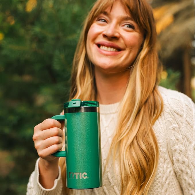 RTIC 16oz Road Trip Travel Mug with Lid and Handle, Ceramic Lined, Insulated, Stainless Steel, Metal, Double Wall Vacuum-Insulation, Portable Coffee, Tea Cup for Hot and Cold Drink, Pine Tree Glitter