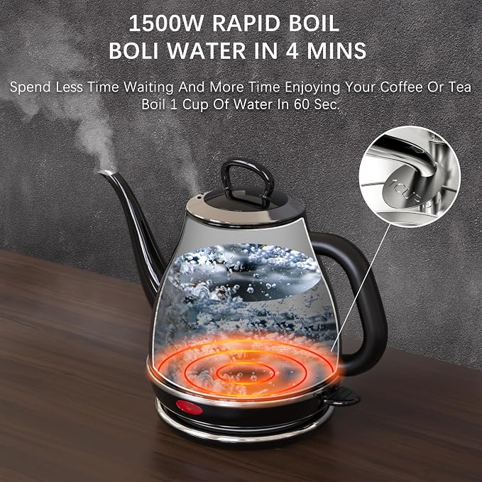 Anfilank Electric Gooseneck Kettle, 1L 1500W Fast Boil, 100% Stainless Steel BPA Free Pour-Over Coffee & Tea Kettle, Water Boiler with Auto Shut & Boil-Dry Protection, Black