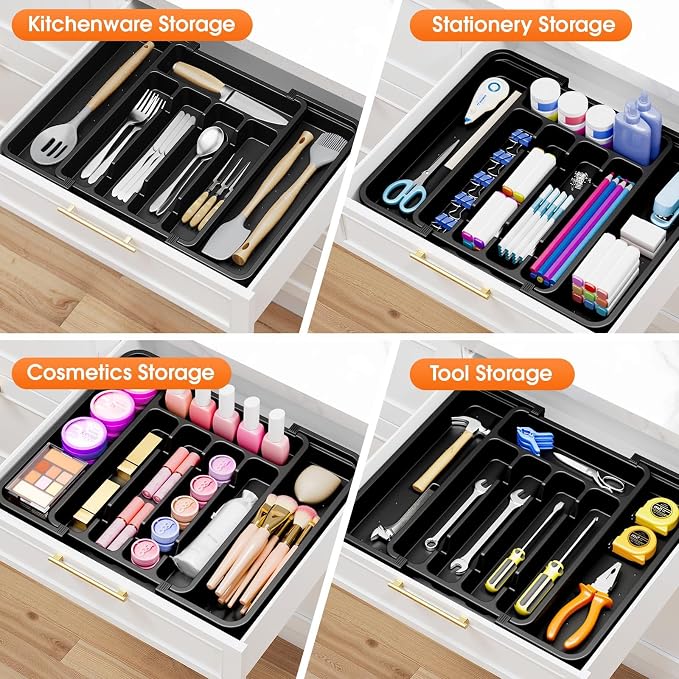 SpaceHacks Silverware Organizer，Adjustable & Expandable Drawer Organizer | Utensil Drawer Organizer, BPA Free Utensil Holder, Cutlery Tray for Forks, Spoons, Knives in Kitchen, Medium, Black
