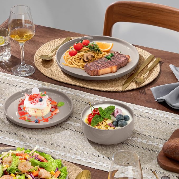 E-far 18-Piece Ceramic Dinnerware Sets, Plates and Bowls Sets for 6, Stoneware Dishware Dishes Set with Terracotta Base, Chip & Scratch Resistant, Microwave & Dishwasher Safe, Speckled Khaki