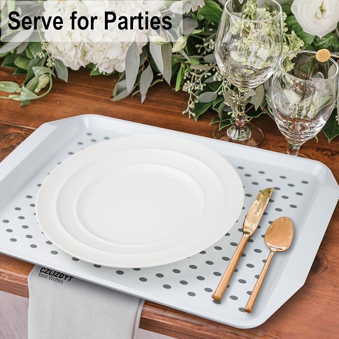 Czlizdyt Non Slip Serving Tray with Handles Food Trays for Eating on Couch | Lap Trays for Breakfast Dinner Snack Fruit Appetizers Beverage, Rectangular, Set of 2, White & Black