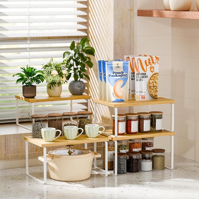 Ekisemio Kitchen Cabinet Organizer, Bamboo Spice Rack Organizer for Cabinet, Stackable & Expandable Counter Shelves, Set of 4, White and Natural