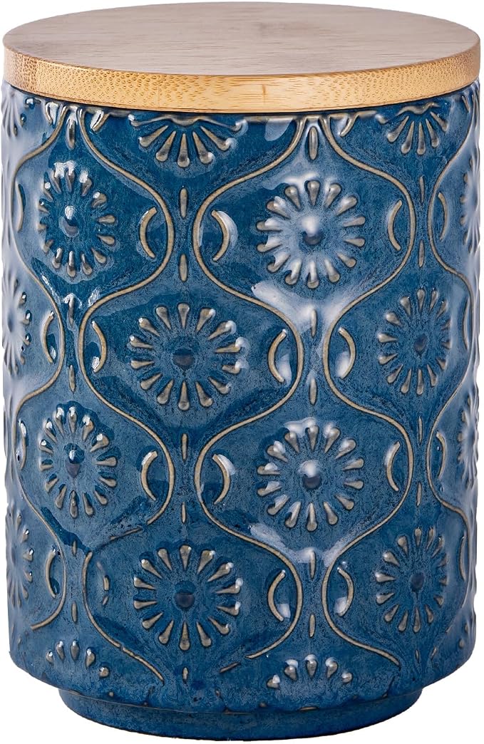 TEATALK Embossed Ceramic Canister, Stylish Airtight Storage for Kitchen, Coffee, Tea, Sugar, 23 Fl Oz, Darkblue