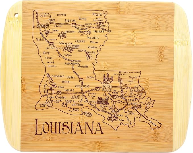 Totally Bamboo A Slice of Life Louisiana Engraved Map Cutting Board | 11” x 8.75” charcuterie board with engraved state map artwork. Smooth reverse side for food prep. Hang tie for wall display.