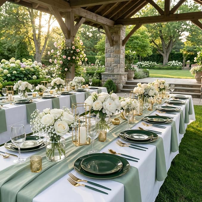 DaYammi 150Pcs Green Plastic Plates with Gold Rim,Gold and Green Disposable Plates with Cutlery Included 30 Dinner Plate,30 Dessert Plate,30 Knives,30 Forks,30 Spoon, green plates for Party Dinner