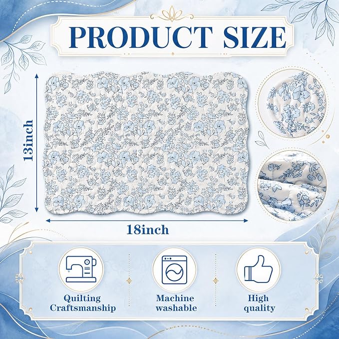 Quilted Placemats Set of 6, 18" x 13" Large Scalloped Cotton Placemat Washable Cloth Flowers Table Mats for Summer Party Kitchen Dining Farmhouse Cottagecore Decor(Blue Flower)