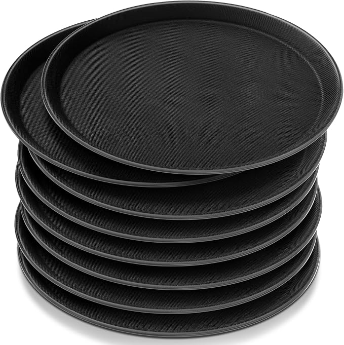 Zopeal 8 Pcs Bar Service Tray Round Plastic Non Slip,14" | For Waiter Server in Restaurant Cafeteria Bar, Raised Edges Prevent Spills, Cocktail Food Server, Textured Surface Grip