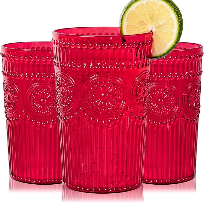 Ciaell 12 Pack Red Plastic Water Glasses for Parties Dinners | 14 oz Red Embossed Ribbed Vintage Drinking Cups, Heavy Duty Plastic, Beer Juice Beverages Wine for Outdoor Weddings