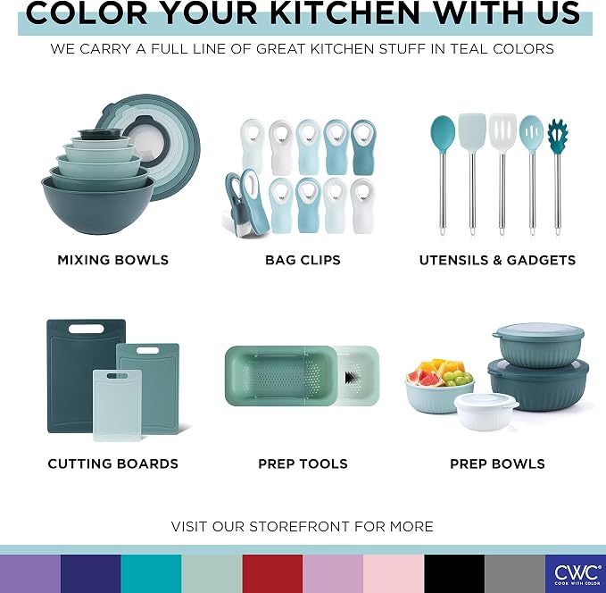 COOK WITH COLOR Mixing Bowls with TPR Lids - 12 Piece Plastic Nesting Bowls Set includes 6 Prep Bowls and 6 Lids, Microwave Safe Mixing Bowl Set (Teal)