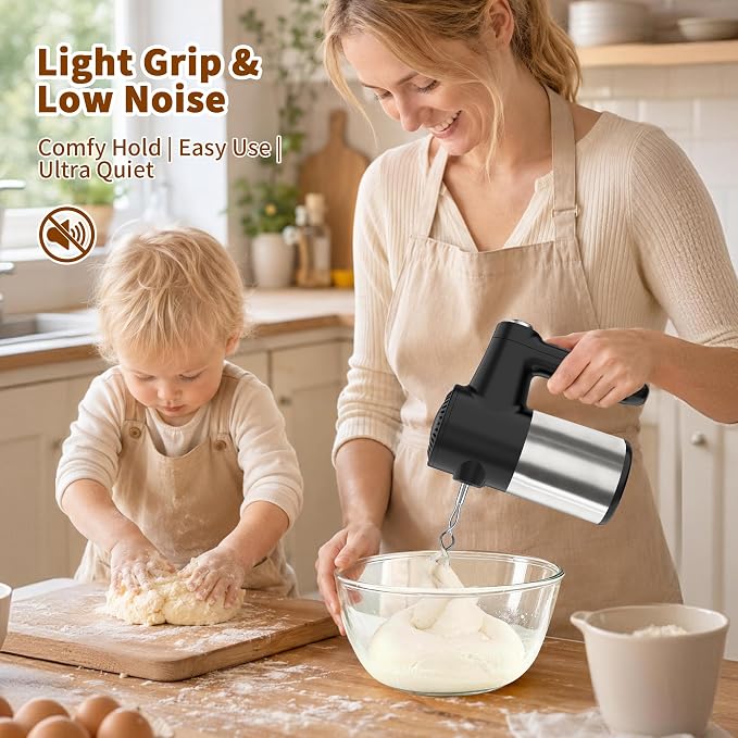 binROC Cordless Electric Hand Mixer, 7-Speed with Storage Base, Black | Rechargeable, Eject Button, Long Battery, Quiet Anti-Splash, 6×304 Stainless Attachments, Self-Stand for Cake, Dough Baking