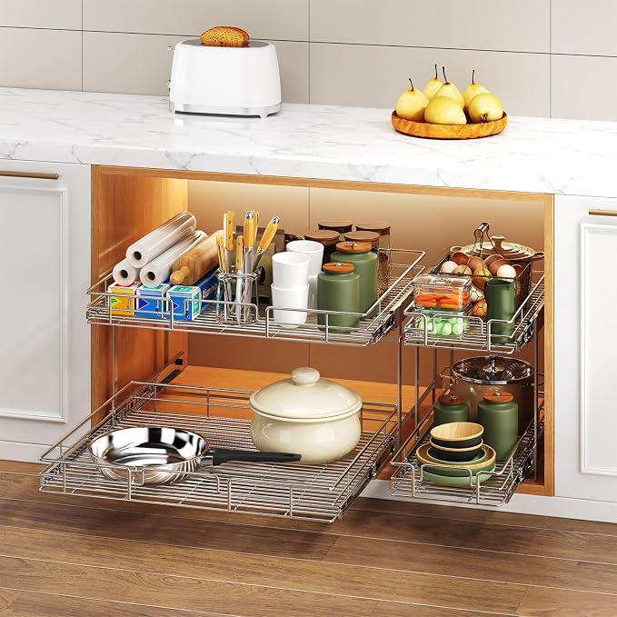 2 Tier Individual Pull Out Cabinet Organizer 25½" W x 21½" D, Heavy Duty Cabinet Pull Out Shelves, Slide Out Drawers Organization for Kitchen Cabinets Bathroom