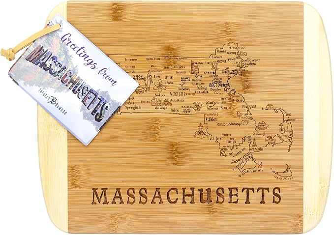 Totally Bamboo A Slice of Life Massachusetts Engraved Map Cutting Board | 11” x 8.75” charcuterie board with engraved state map artwork. Smooth reverse side for food prep. Hang tie for wall display.