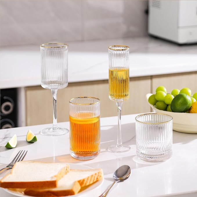 Lysenn Fluted Bar Glassware Set of 4, Wine, Champagne, Whiskey, Highball | Four Distinct Silhouettes, Gold Rim, Hand Blown, Coordinated Drink Service, Wedding Table, Dinner Party, Home Bar, Ideal Gift