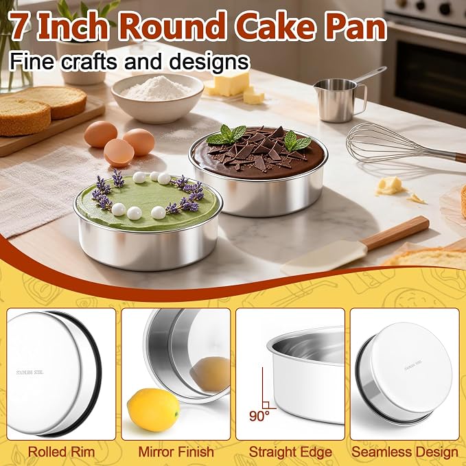 P&P CHEF 7 Inch Cake Pan Set of 2, Stainless Steel Round Cake Baking Pan | Layer Cake Tin Bakeware for Cooking Steaming, Ideal for Birthday Wedding Anniversary, Fit for Home & Commercial Use