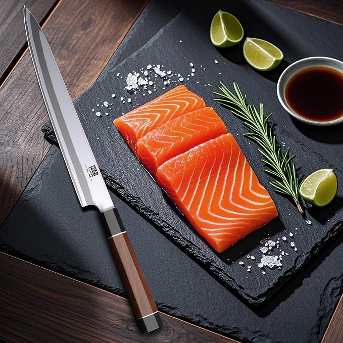 SHAN ZU 10 Inch Japanese Sushi Knife, 9 Layers 10Cr15MoV High Carbon Steel | Sashimi Knife, Sharp Cutting Yanagiba Knives with Red Sandalwood Handle for Sushi Making, Slicing & Fish Knives