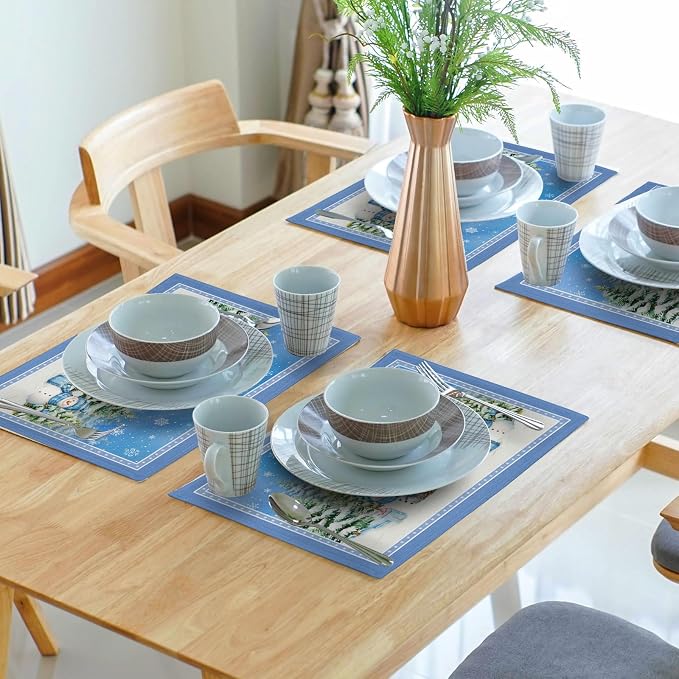 Winter Snowman Placemats Set of 4 - Watercolor Blue Decorative Snowflakes Green Pine Tree Table Mats 12 x 18 Inch Washable Heat Resistant Place Mat for Outdoor Kitchen Dining Decor