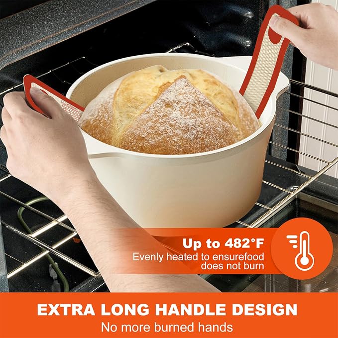 PLAPITATE Silicone Bread Sling Dutch Oven Liner, Non-Stick & Easy Clean Reusable Oval and Round Silicone Bread Baking Mat with Long Handles, Easy to Transfer Sourdough Bread - 2 Red Set