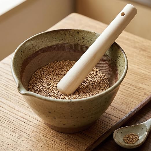 Asayu Japanese Ceramic Grey Mortar Bowl with Wooden Pestle 6.3 in (160 mm), Made in Japan Dishwasher and Microwave Safe Ripple Ridge Suribachi and Sukirogi Set