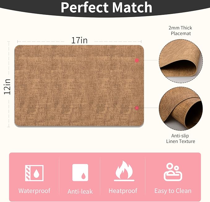 Maxpearl Faux Leather Placemats Set of 6, Easy to Clean, Brown | Waterproof - Heat Resistant - Non Slip - Wipe Clean Dining Table Place Mats, Suitable for Indoor & Outdoor Use, 17''×12''