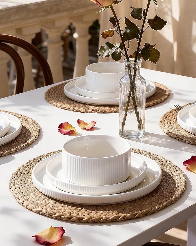 Line Porcelain Dinnerware Set, dish set for 6, White | Premium dinnerware set, chip-resistant & durable. Safe for dishwasher, microwave, oven. For daily meals to festive feasts