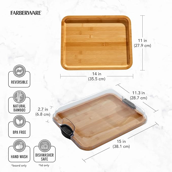 Farberware Bamboo Cutting Board with Clear Locking Lid, 11x14 Inch Charcuterie Board with Handles - Reversible Serving Board for Cheese, Meats, Snacks and More