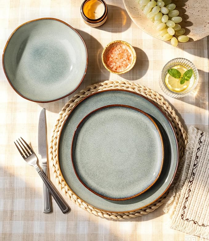 GBHOME Stoneware Dinnerware Sets for 8,24 Piece Rustic Plates and Bowls Set | Earthenware Handmade Reactive Glaze Plate Sets, Chip Resistant Ceramic Dishes, Microwave & Dishwasher Safe, Earthy Sage
