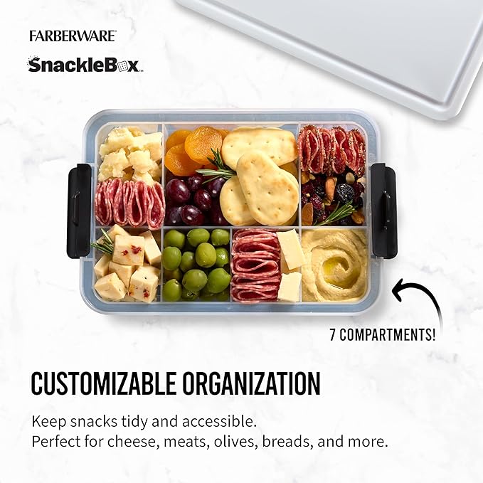 Farberware Small Build-a-Board Snacklebox with Locking Plastic Cutting Board Lid, Portable Charcuterie Storage with 7 Compartments (Pack of 4)