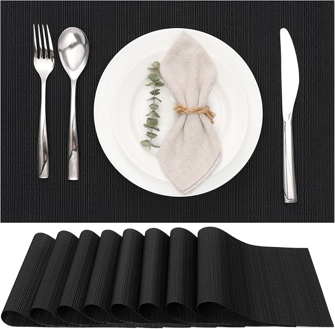 Myir JUN Placemats Set of 8 Kitchen and Dining Table Placemats | Vinyl Placemats Place Mats Indoor/Outdoor Set of 8 Washable Table Mats Non-Slip Place mats for Dining Table, Black