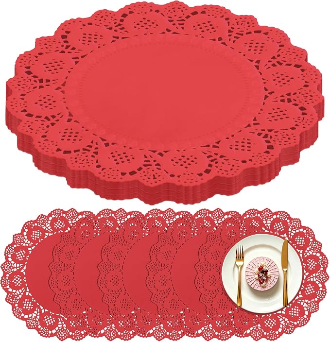 300 Pack 13.5 Inch Round Red Paper Doilies, Disposable Lace Placemat | Rustic Scallop Doily Table Pads, Heavy-Duty Paper Place Mats for Cakes, Crafts, Parties, Weddings, Buffet, Home Decor