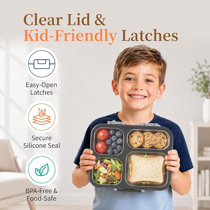Stainless Steel Lunch Box for Kids, Leakproof 4 Compartment Kids Bento Lunch Box with Clear Lid, BPA-Free Steel Lunch Box Containers for School Travel (Black)