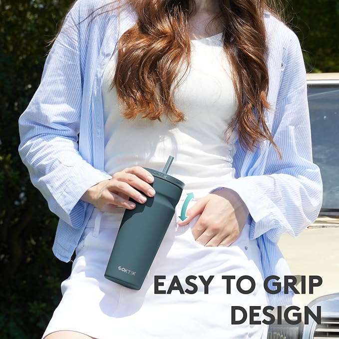 COKTIK 16oz Insulated Tumbler with Lid and Straw Iced Coffee Cup Reusable Stainless Steel Travel Mug Water Bottle Cupholder Friendly for Women Men Her Him (Twilight Fog)