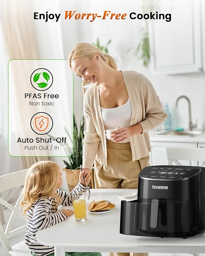 Nuwave Brio Plus Air Fryer 8 Qt, New & Improved, PFAS-Free Ceramic Coating | 7 Digital One-Touch Modes: Air Fry/Bake/Roast/Dehydrate/Toast/Reheat/Preheat; 150 Presets; 50°F-400°F; 700/1500/1800W; Black