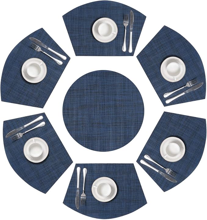SHACOS Round Table Placemats Set of 7 Woven Vinyl Wedge Placemat with Centerpiece Mat Heat Resistant Place Mats Round Table Mats Wipe Clean (7, Blue Black)
