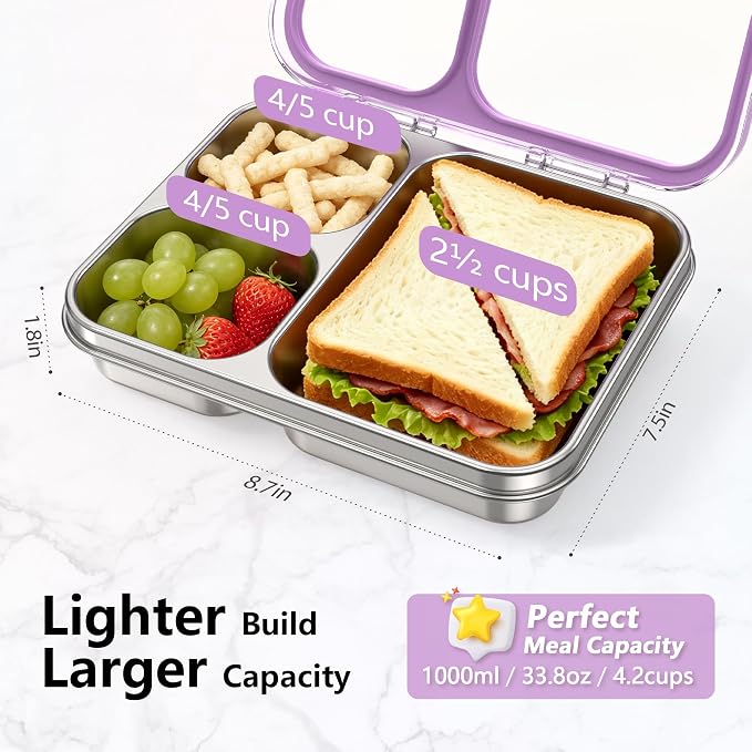 HOMEKOL Stainless Steel Bento Lunch Box 3-Compartment, 4.2Cups, Purple | Leak-Proof Metal Lunch Container for Kids & Adults, BPA-Free, Dishwasher Safe, Clear Tritan Lid, 1000ml (Not Insulated)