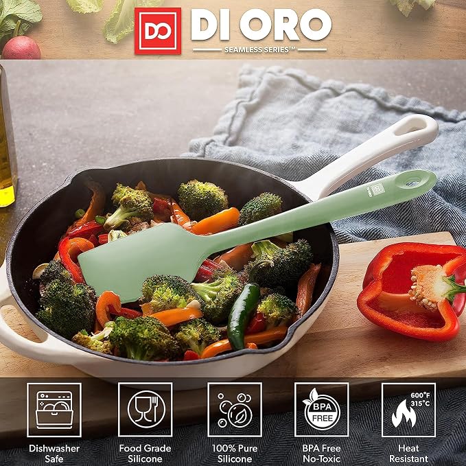 DI ORO Large Silicone Spatula - 600F Heat Resistant, Sage | Rubber scraper for baking, mixing, and frosting; Won't scratch nonstick pots and pans; BPA-free and dishwasher safe