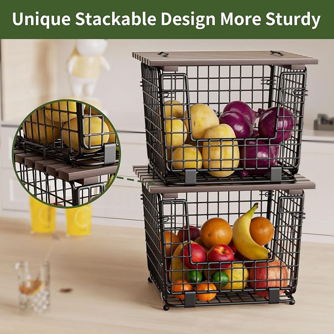 2 Pack Stackable Potato Onion Bins, Pantry Organizers and Storage | Wire Basket with Breathable Design for Garlic Fruits Vegetables Storage, Kitchen Counter Organizer