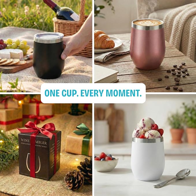 CHILLOUT LIFE 12 oz Stainless Steel Tumbler with Lid & Gift Box - Wine Tumbler Double Wall Vacuum Insulated Travel Tumbler Cup for Coffee, Wine, Cocktails, Ice Cream - PINK SPARKLE