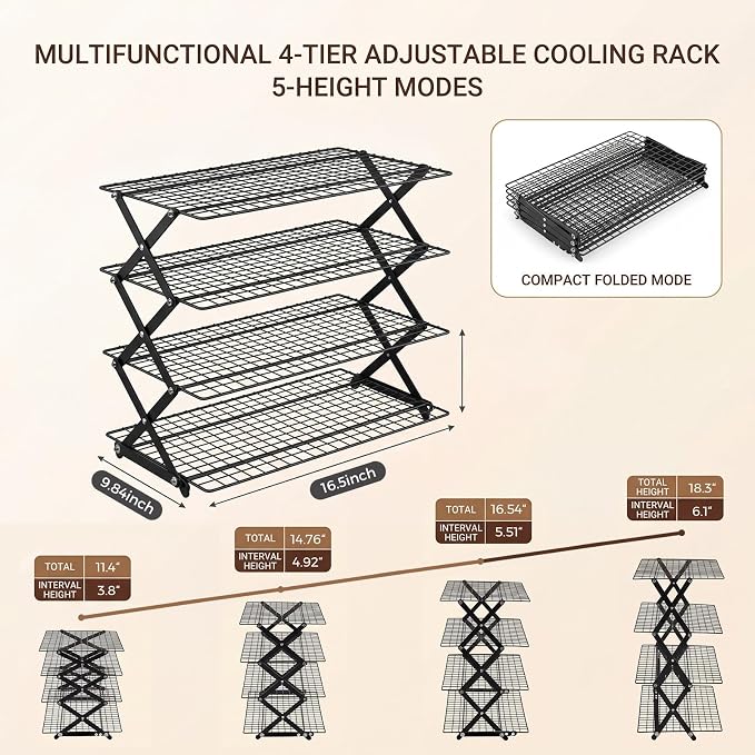 4-Tier Collapsible Cooling Rack for Baking, 3-Setting Adjustable Stackable Cookie Rack, Durable Nonstick Space-Saving Stand for Cooking, Roasting, Drying, Grilling, Cottage Bakery | Collapsible & Stackable