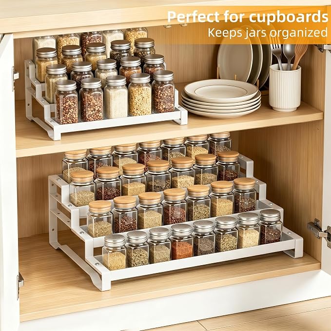 Spice Rack Organizer for Cabinet, 13-21.5" Expandable Spicy Shelf | 11.6" Depth 4-Tier White Metal Seasoning Organizer, Kitchen Spice Organization, Slip-Resistant Guardrails for Jars and Cans